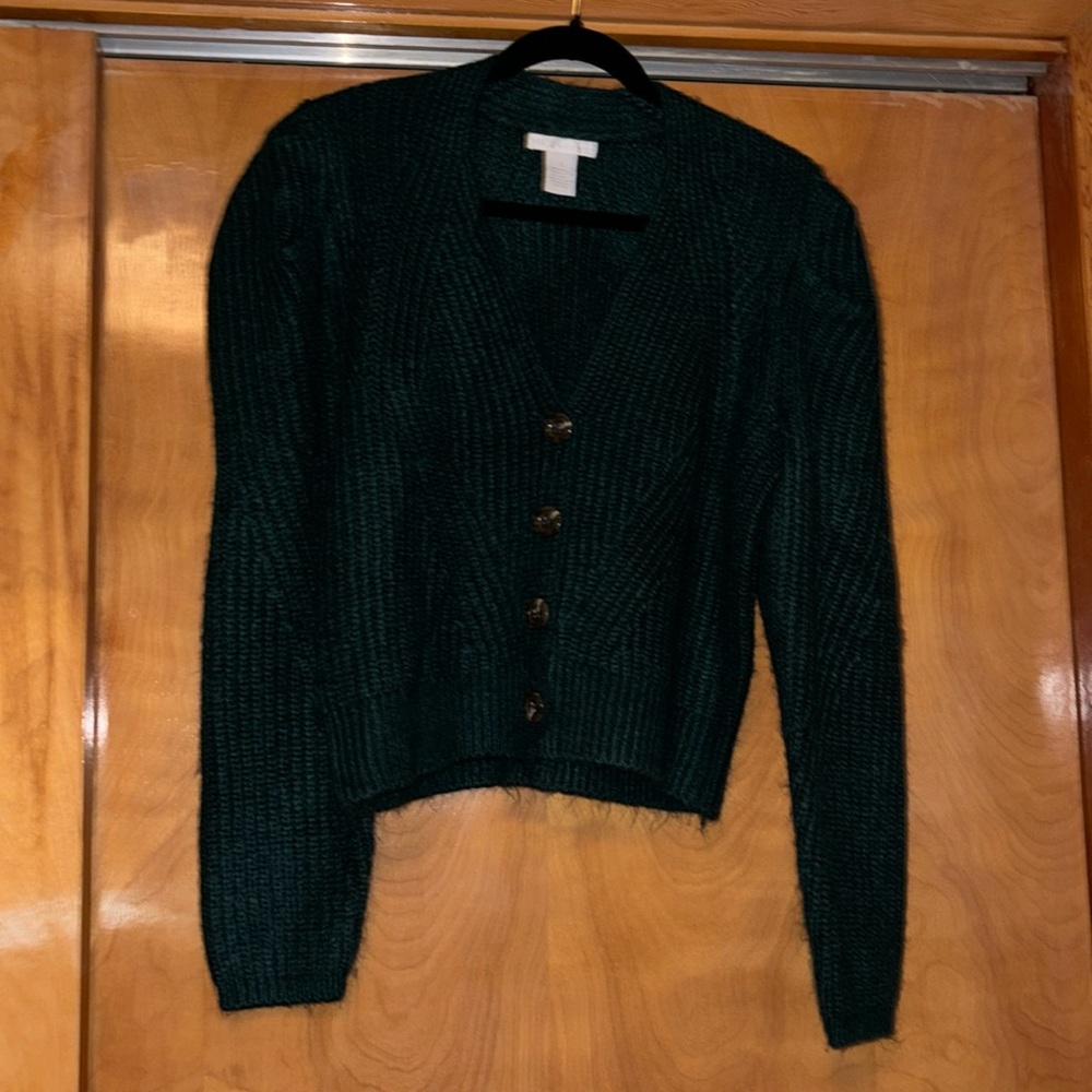 Design History dark green puff sleeve chunky knit cardigan